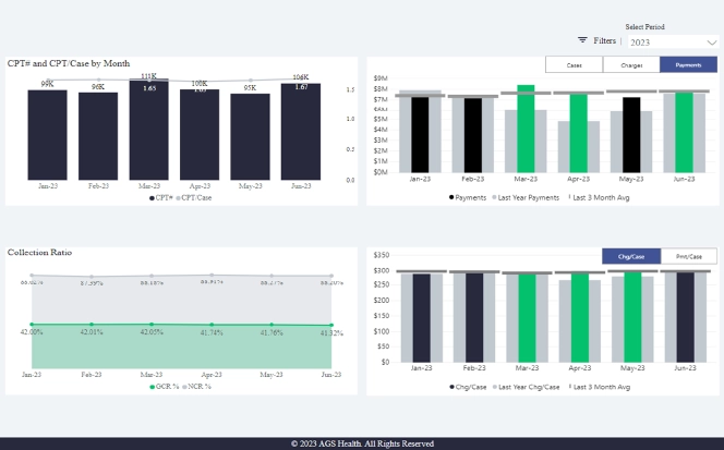 Analytics Dashboard (CPT case by month, Collection Ratio)